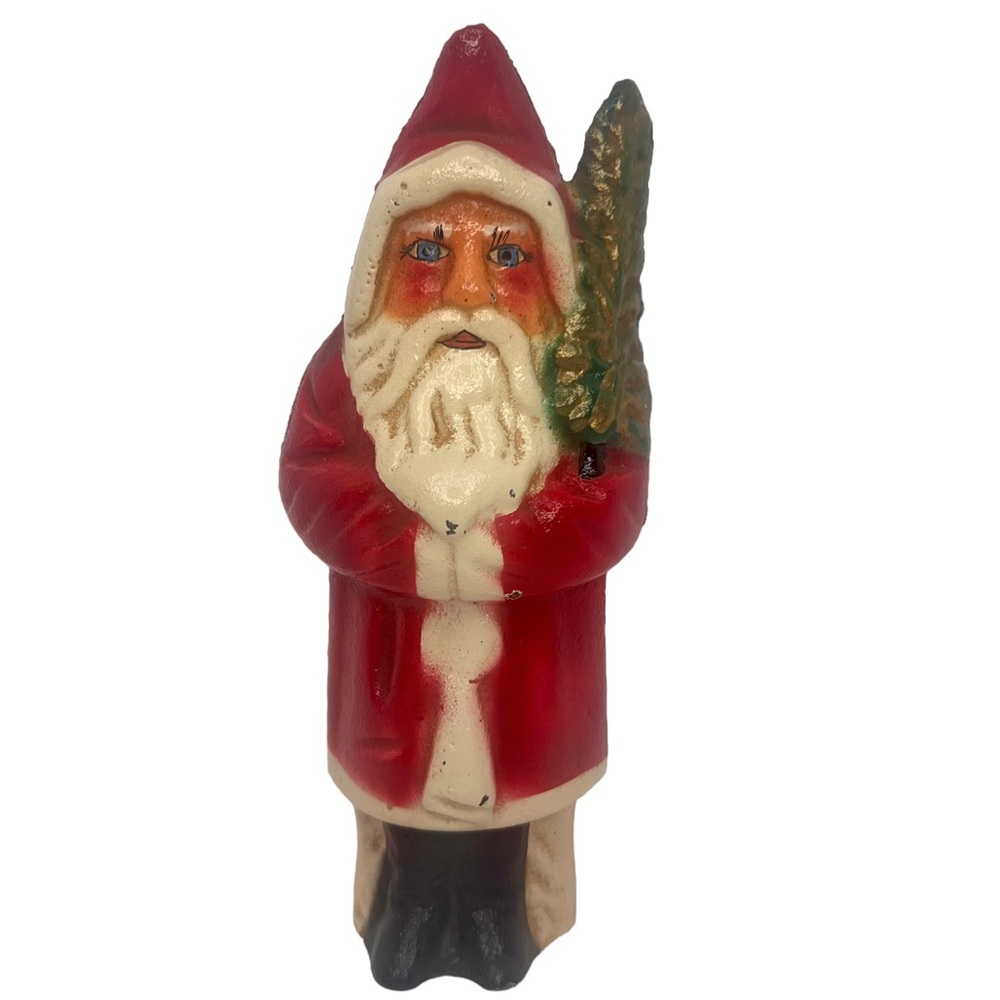 Vintage St. Nick Santa Claus Cast Iron Coin Bank Christmas Green Gold Tree